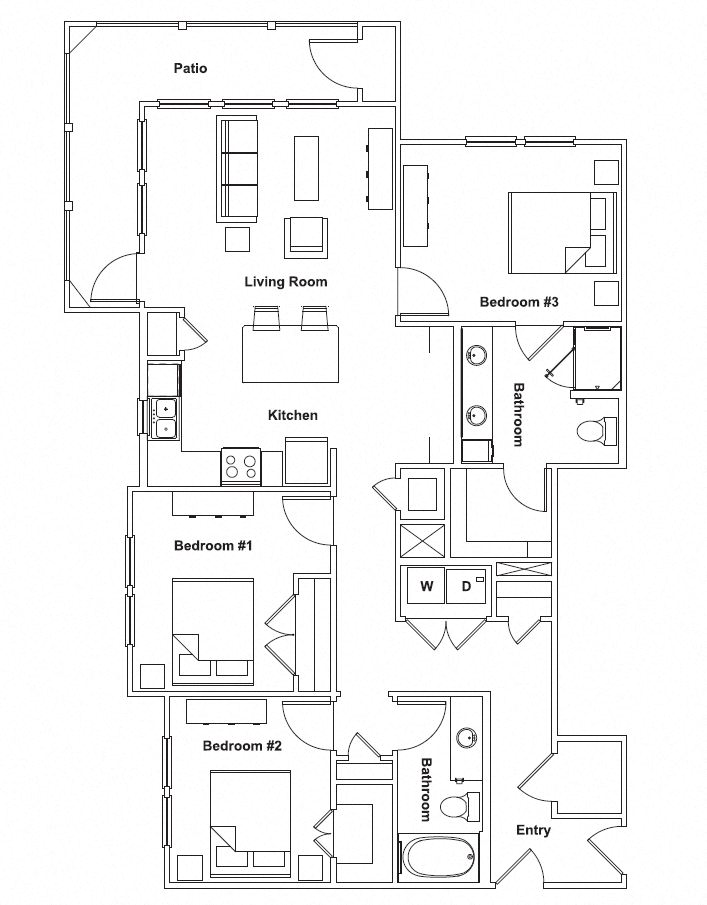Floor plan for 3 beds, 2 baths, 1312 sqft